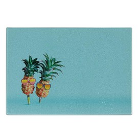 Lunarable Pineapple Cutting Board, Heart Shaped Sunglasses Wearing Ananas Head Photo, Decorative Tempered Glass Cutting and Serving Board, Small Size, Pale Blue Sand Brown