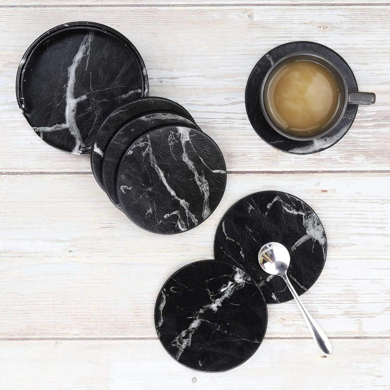 Leather Coasters with Holder Set of 6,Black Marble Coasters for