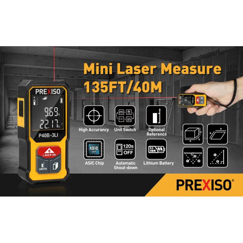 PREXISO Mini Laser Measure 40M/135Ft Rechargeable Digital Laser Distance Meter