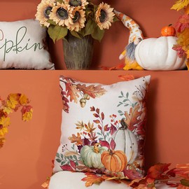 DFXSZ Fall Pillow Covers 18x18 inch Set of 2 Orange White Pumpkin Fallen Leaves Decorative Outdoor Throw Pillow Covers Autumn Thanksgiving Farmhouse Decoration for Home Couch TH27-A18