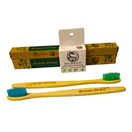 Green Orbit, Kit de Higiene Bucal, 2 Cepillos de Bambú y 1 Hilo Dental de Almidón de Maíz, Sabor Menta