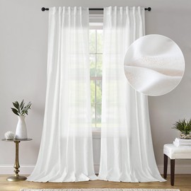 Dreaming Casa White Linen Semi Sheer Curtains 102 inches Long, Light Filtering Curtains Sheer Rod Pocket & Back Tab, Soft Window Privacy Drapes Living Room Bedroom, 2 Panels Set, Each W52 x L102