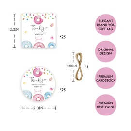 FORSHEEP 50pcs Donut Thank You Tags, Sweet One Gift Tag with String for Donut Themed Baby Shower Party, Round Thank You Paper Tags for Baby Girl First Birthday/Two Sweet Birthday Party Favors
