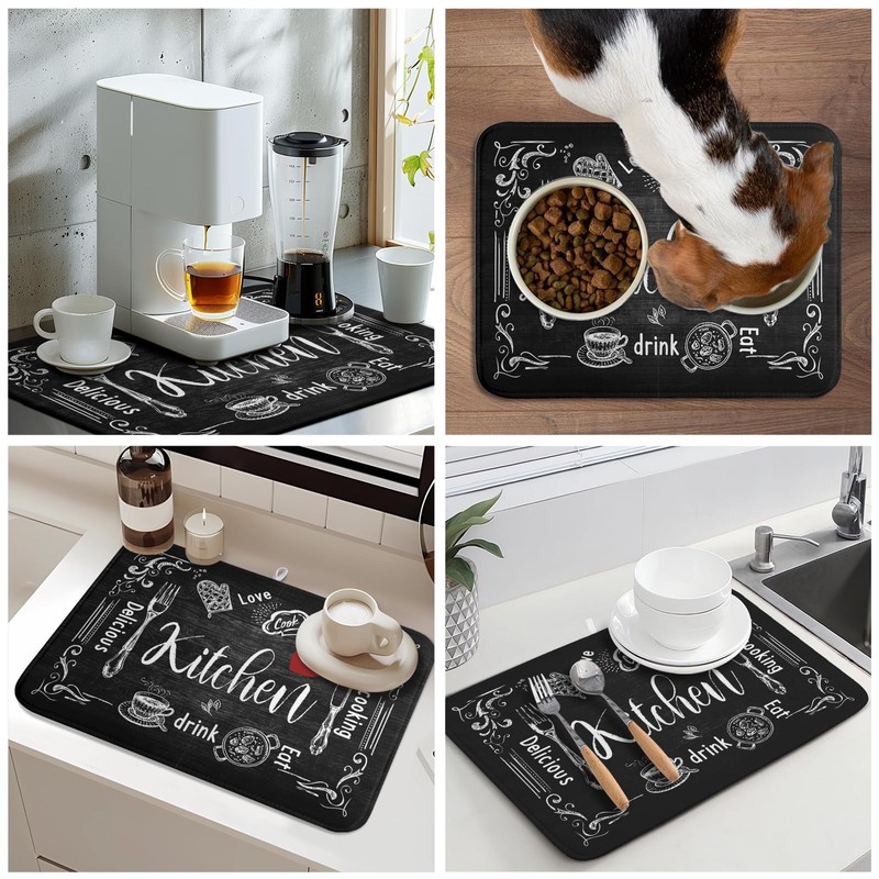 Kawani Black Coffee Bar Dish Drying Mats for Kitchen Counter