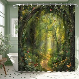 Avezano Green Tree Shower Curtain Nature Garden Enchanted Forest Scene Bathroom Shower Curtain Spring Forest Waterproof Fabric Shower Curtain Bathtub Decor with 12 Hooks 72 X 72 Inch