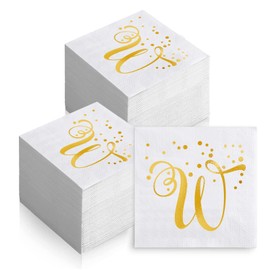 200 Pack Disposable Monogrammed Cocktail Napkins Gold Foil Letter W Paper Napkins Initial Beverage Napkin for Wedding Birthday Party Baby Shower Holiday Dinnerware Table Decor