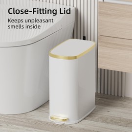 KUK Small Bathroom Trash Can with Lid Soft Close, Step Pedal, 2.6 Gal Stainless Steel Garbage Can with Removable Inner Bucket, Anti-Fingerprint Wastebasket for Office, Bedroom, Toilet (White)