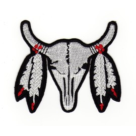 Buffalo Skull Longhorn Indian Feather Patch for Iron-On or Sew On Clothes Embroidered Iron-On Patch Applique Patch Size 9 x 8 cm