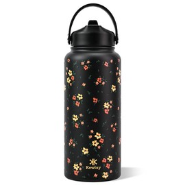 KEWIXY 18oz&32oz Insulated Water Bottle, Flip Straw Lid, Stainless Steel, Leak Proof, 24-hour Cold, Reusable, Portable for Travel, Gym and School Tumbler Mug:_32oz Floral Black