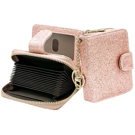 Beurlike Women's RFID Credit Card Wallet Organizer Case Leather Ladies Small Security Card Holder(Upgrade a (10 Accordion/Key Ring) - Glitter Gold)