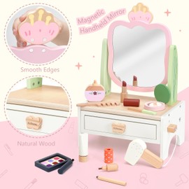 KizKnows Wooden Vanity Set for Kids Pretend Play Makeup Toy Set with Rotatable Mirror Toddler Beauty Salon Play Set with Makeup Accessories Gifts for Little Girls Age 3+ (Pink)