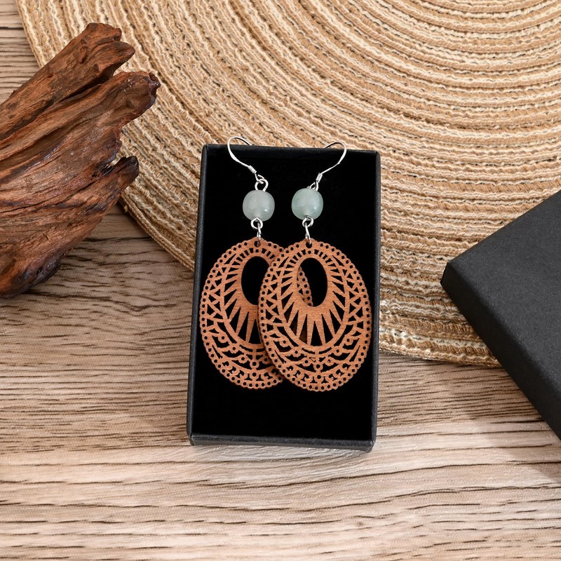 Bohemian Wooden Drop Earrings, Oval Filigree Design with Jade Beads,