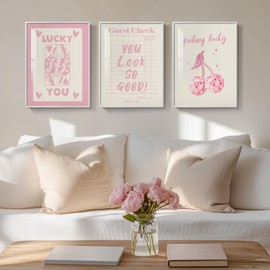 Framed Pink Poker Wall Art for Room Decor, 3 Piece Modern Cherry Lucky You Artwork for Bedroom Wall Decor, Preppy Guest Cheek Funky Queen of Hearts Trendy Painting Print for Bathroom Hallway, 12x16 In