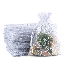 CLTPY Pack of 100 Silver Organza Bags 13 x 18 cm Print Jewellery Bag Organza Bag Gift Bag Wedding Bag with Drawstring for Festival Birthday Party