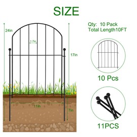Garden Fence 10 Panels, 17 in(H) x 10 ft(L) Arched Rustproof Metal Garden No Dig Fence Border Animal Barrier for Dog Flower Edging for Yard Patio Outdoor