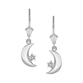 Elegant 925 Sterling Silver Crescent Moon & Star Dangle Earrings
