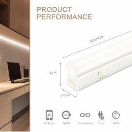 Qsmile Under-Unit Light Kitchen LED 32 cm, Set of 1 T5 4 W 570 lm 4000 K Expandable LED Light Strip, LED Under-Unit Light with Switch and Euro Plug for Kitchen, Living Room, Bedroom, Dining Room