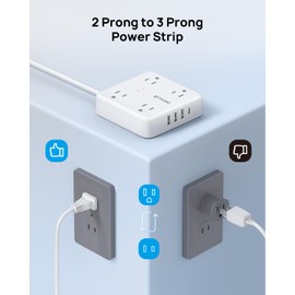 TROND TROND 2 Prong Power Strip: 1440J Surge Protector, 5ft Extension Cord with Multiple AC Outlets & USB Ports, Wall Mount Adapter for Non-Grounded Plug, White