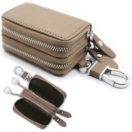TOMOTHY Smart Key Case, Storage of 2, Women's, Men's, Compatible with Smart Keys, Double Zipper, Genuine Leather, Carabiner Included, Khaki
