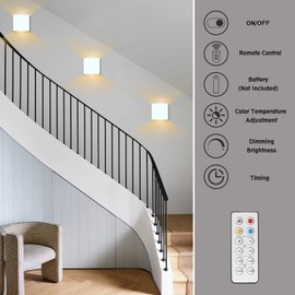 HEQIQEH Modern Style Battery Operated Wall Sconces, LED Cube Indoor Up and Down Wall Lamp with Remote Control, Dimmable Cordless Wall Lighting Fixtures for Living Room,Bedside (White - 3 Pack)