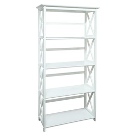 Oakestry Montego 5 Shelf White Bookcase Modern Wooden Tall Display Rack Storage Organizer Vertical Open Bookshelf Space Saving Home Office Living Room Bedroom Furniture Decorative Accent