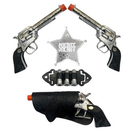 Cowboy Sheriff Role Play Set – Twin Toy Guns with Holster Belt, Bullets, & Sheriff Badge – Complete 7-Piece Cowboy Costume Accessories for Kids – Kids Pretend Play Fancy Dress up Set