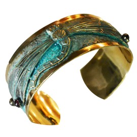Elaine Coyne Verdigris Patina Decorative Dragonfly Cuff - Amethyst and Garnet