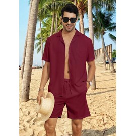 AIYINO Mens Outfits Suits 2 Pieces Sets Button Shirts & Short Tracksuit Lapel Activewear Tops $ Pants Red XXL