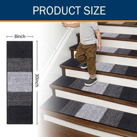 OLANLY Stair Treads Non Slip 4PCS, 8" x 30" Indoor Stair Runners for Wooden Steps, Edging Stair Rugs with Reusable Peel and Stick Adhesive for Kids Elders and Pets, Black
