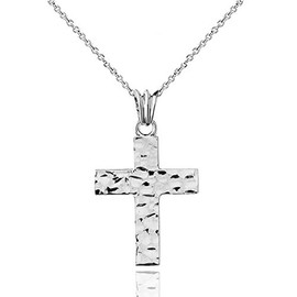 Religious Jewelry Modern Hammered Cross Charm Pendant Necklace (Small) in Solid Sterling SIlver, 20"