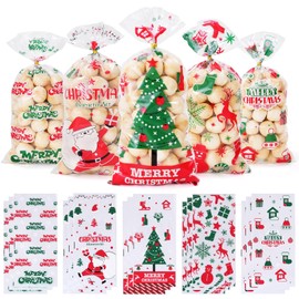 BBPOOL Christmas Treat Bags, 150pcs Cellophane Christmas Cookies Bags with Twist Ties Clear Plastic Cello Goodie Candy Gifts Bags for Christmas Party Supplies