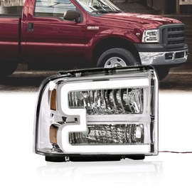 CHEDA [LED DRL BAR Headlights Assembly Replacement for 2005-2007 Ford F250 F350 F450 F550 Super Duty/2005 Excursion Chrome Housing Clear Lens Lamp (White cover white frame orange reflector)