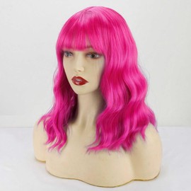YOUNIGA Short Bob Wavy Wig with Bangs for Women Hot Pink Color Wigs for Women Loose Curly Shoulder Length Bob Curly Women's Charming Synthetic Fiber Wigs (Hot Pink)