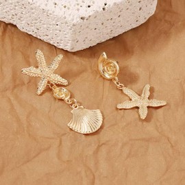 Starfish Earrings for Women, Seashell Earrings, Sea Shell Conch Dangle Earrings Hypoallergenic, Cowrie Shell Earrings Studs, Shell Jewelry Funny Earrings, Zinc, no