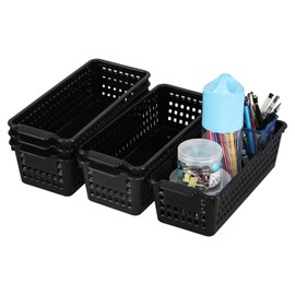 Ewingger 6 Pack Slim Plastic Storage Baskets, Small Desktop Baskets, Black