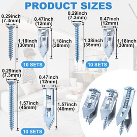 PAGOW 60 Pcs Self-Drilling Anchors, Metal Screw Anchors Kit, Anchors and Screws for Heavy Duty, No Drill and Holes in Wall (Silver, 1.18''+1.38''+1.57'')