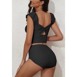 Eomenie Tankini Swimsuits for Women Ruched Tummy Control Bathing Suit Two Piece Swim Tank Top with High Waisted Bottom Black