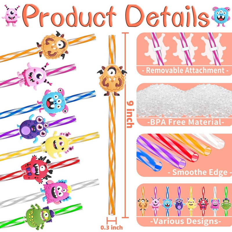 24 Fun Reusable Monster Drinking Straws for Birthday,Halloween Party Favors