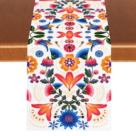 Mexican Floral Table Runner, Mexican Talavera Cinco de Mayo Dia De Los Muertos Azulejo Mosaic Coffee Table Center Decor for Kitchen Living Room Holiday Birthday Party Table Decorations 13x36 inches