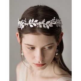 Teyglen Leaf Wedding Hair Vine Bridal Leaves Pearl Headband with Flower Hair Accessories for Bride Handmade Crystal Hair Piece Leaf Headpiece for Women Girls