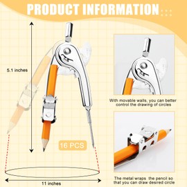 SAYAYA 16 Pieces Math Compass for Geometry Silver Geometry Compass Metal Compass Tool Drawing Compass 6 Inch Math Compass with Pencil for Student School Classroom Office Woodworking Art Drawing
