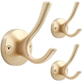 TOFIIGREM Gold Coat Hooks for Wall, 3 Pack Towel Hook Heavy Duty Metal Double Bath Robe Hook Wall Mount, Hat Hooks for Cubicle Bathroom Kitchen Closet Garage