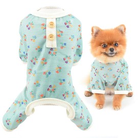 SMALLLEE_LUCKY_STORE Small Dog Clothes Cute Floral Waffle Knit Puppy Pajamas Pjs Cat Pyjamas Stretchy Jumpsuit Warm Sleepwear Outfits for Yorkie Chihuahua,Green,XXL