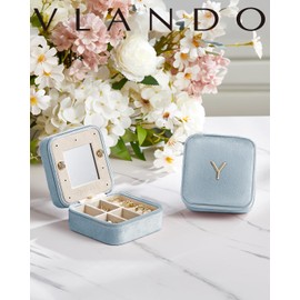 Vlando Travel Jewelry Box for Girls Women, Initial Jewelry Organizer Box Travel Must Haves Jewelry Case for Girls, Necklace Earrings Ring Box Travel Gifts for Sister Daughters - Letter R, Blue