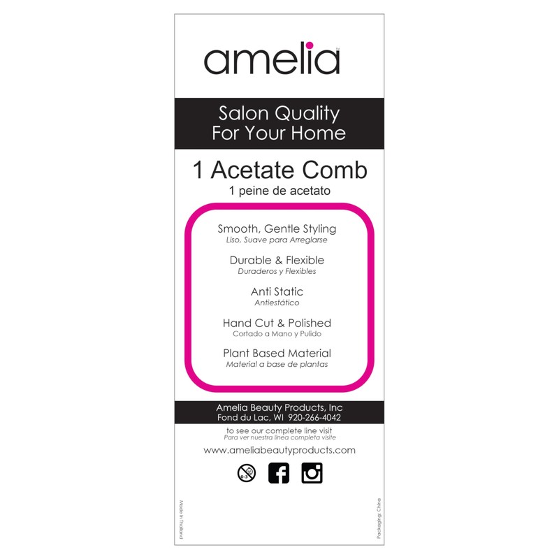 Amelia Beauty Cellulose Acetate 8in Handle Comb, Handmade, Smooth Edges,