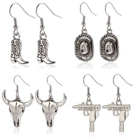 4 Pairs Set Cowgirl Boot Hat Western Earrings for Women Cowboy Hat Boho Dangle Earrings Western Drop Earrings for Women Ladies - Set 01