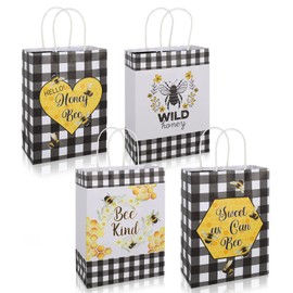 AnyDesign Summer Honey Bee Buffalo Plaids Paper Gift Bags with Handle 16Pcs Bee Theme Party Paper Bags Candy Goodie Treat Bags for Birthday Baby Shower Party Favor Supplies, 5.9 x 8.3 x 3.1 Inch