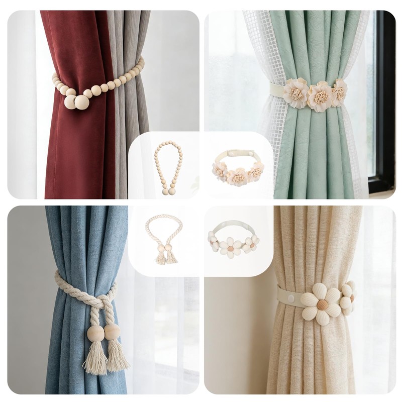 Curtain Tiebacks | Magnetic Wood Bead Curtain | Sunflower Curtain