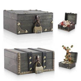 GENHH Vintage Wooden Treasure Chest with Lock, Wooden Storage Treasure Chest, Children's Small Pirate Treasure Chest Wooden Chest Treasure Chest for Children's Birthday Decoration Gifts 15 x 12 x 8 cm