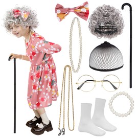 stepsin Old Lady Costume for Kids Girls 100 Days of School Costume Grandma Outfit with Old Lady Wig Granny Dress Up